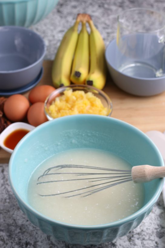 Mixing up the wet ingredients for the Homemade Hummingbird Cake recipe