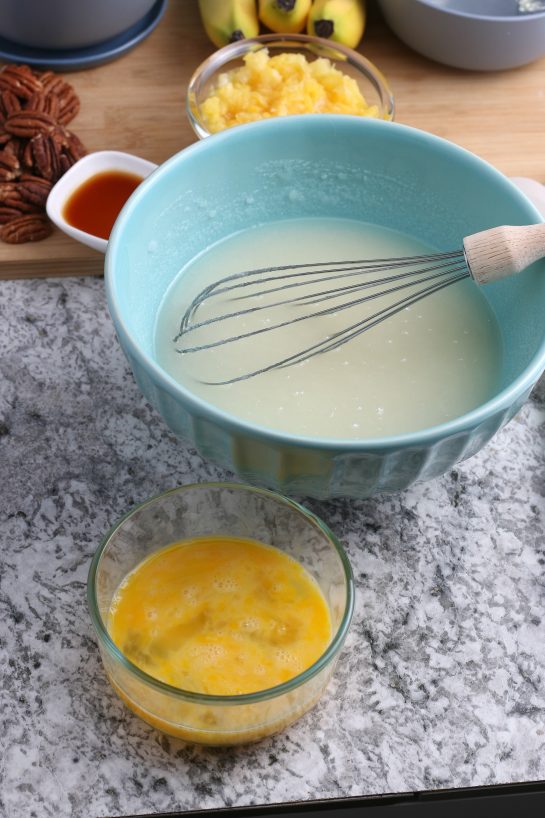 Mixing up the wet ingredients for the Homemade Hummingbird Cake 