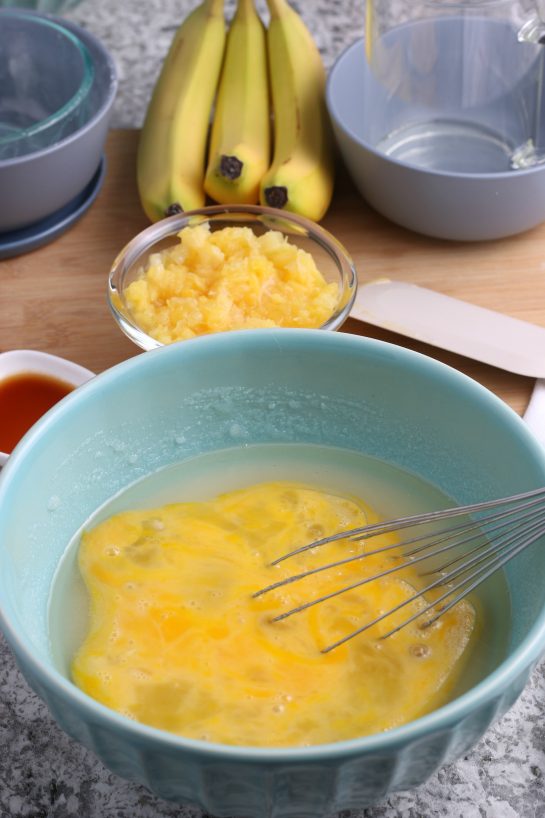 Mixing together the wet ingredients for the Homemade Hummingbird Cake