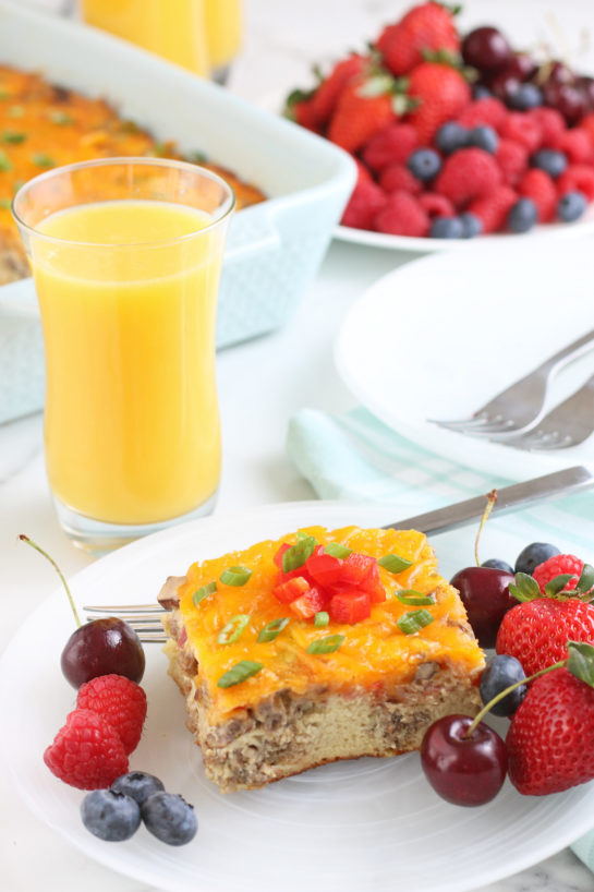 A look at this delicious overnight egg casserole with other breakfast foods, ready to be shared and enjoyed.
