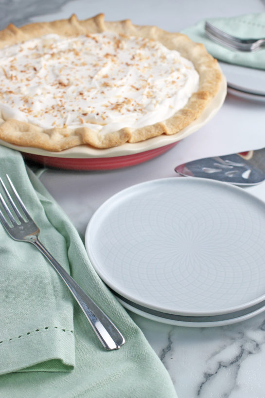 Here we see the finished coconut cream pie recipe ready to be sliced and shared!