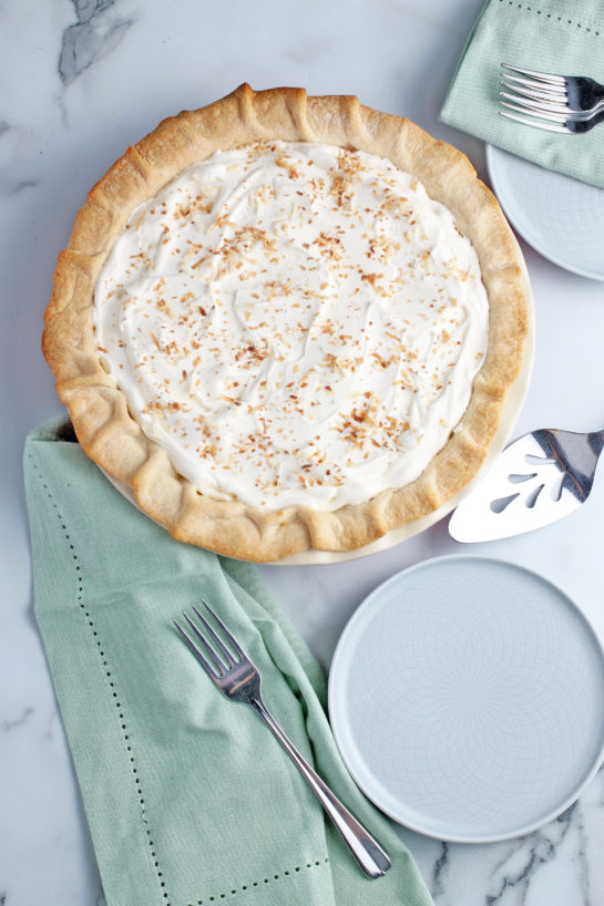 A top down view of the completed recipe for the best coconut cream pie.