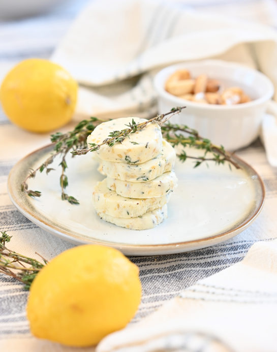 Herb Compound Butter recipe made with fresh thyme, garlic, and fresh lemon juice.