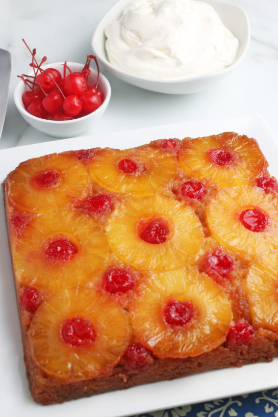 Here we see the finished pineapple upside down cake ready to be cut and shared.