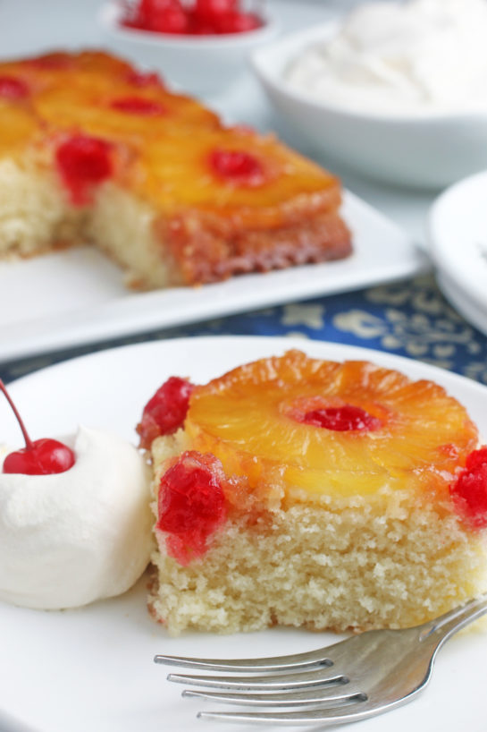 This is a close up shot of a slice of pineapple upside down cake recipe finished and ready to devour.