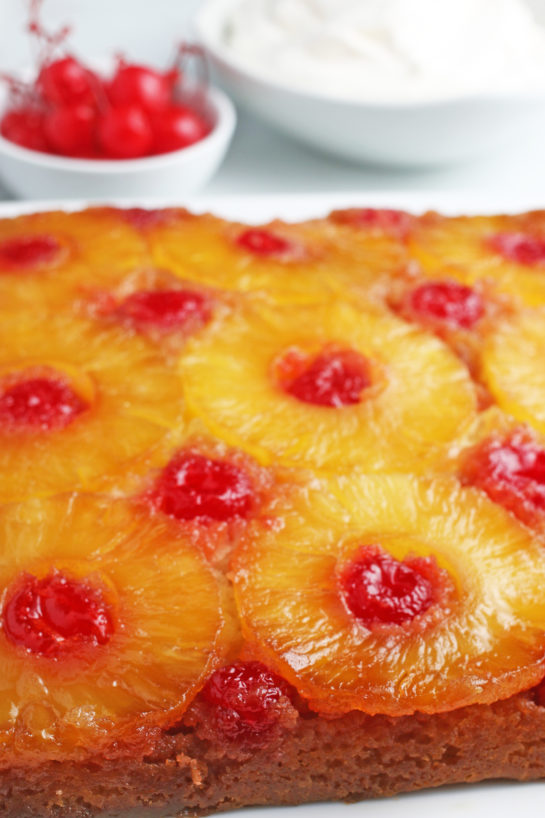 A close up view of the beautiful caramelized fruit on top of the upside down cake!