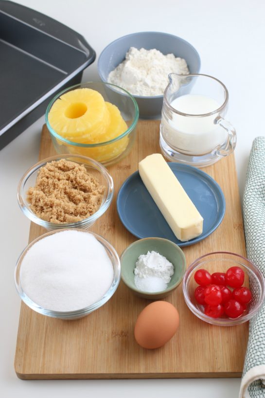 Here we see the ingredients needed for our pineapple upside down cake from scratch recipe.