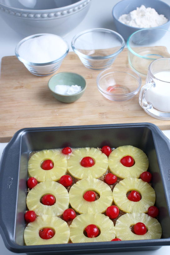 Here we see the fruit laid out, it's on the bottom but it will be the top of our recipe soon.