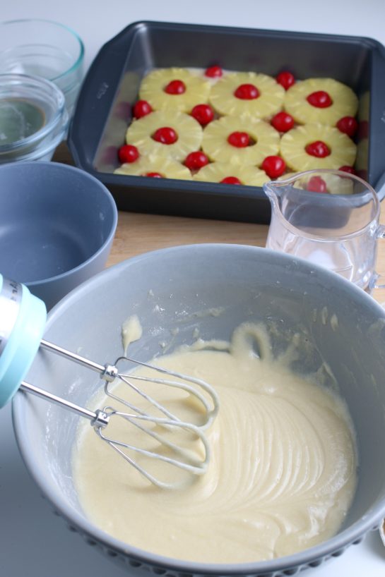 The batter is smooth and finished and ready to be poured over the fruit for our upside down cake recipe.
