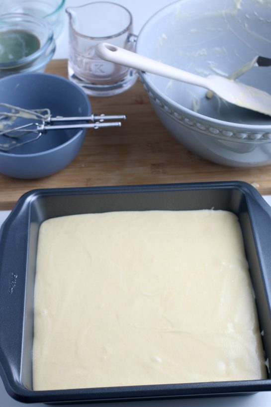 Here we see the batter on top of the fruit, ready to be put into the oven.