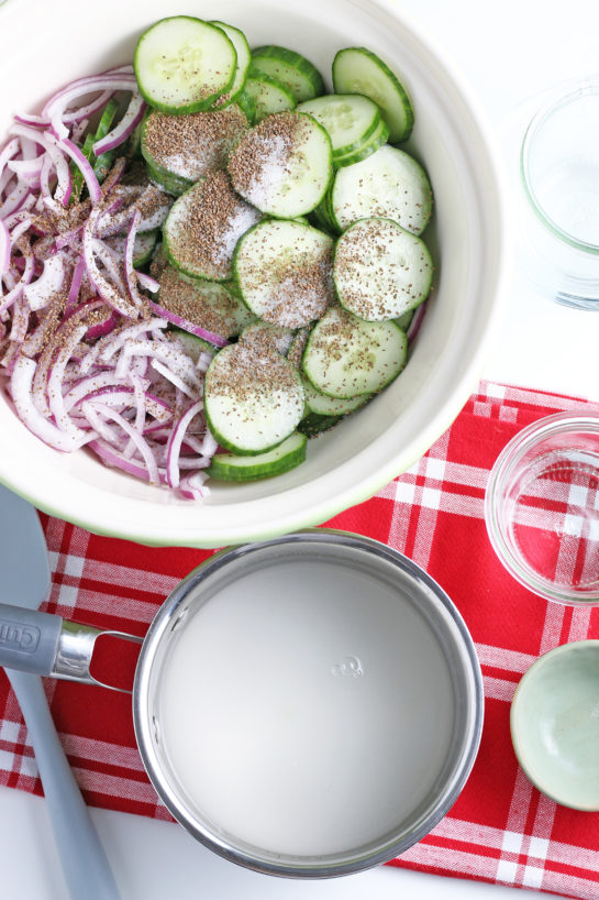 The dressing for the cucumber salad mixed and ready to be added to the salad.