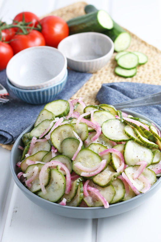 Photo of the finished cucumber salad recipe served in a large serving bowl