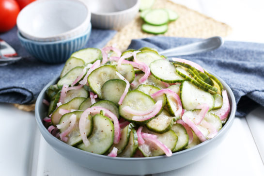 Close-up finished photo of the cucumber salad with onions recipe