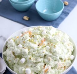 This shot shows the watergate salad in a bowl with smaller serving bowls ready and waiting to be filled.