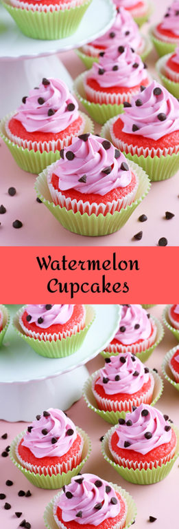 Watermelon Cupcakes topped with homemade pink buttercream! These fluffy vanilla cupcakes are bursting with juicy pockets of watermelon and the hot pink frosting is so pretty and delicious. These are the perfect summer cupcake recipe!