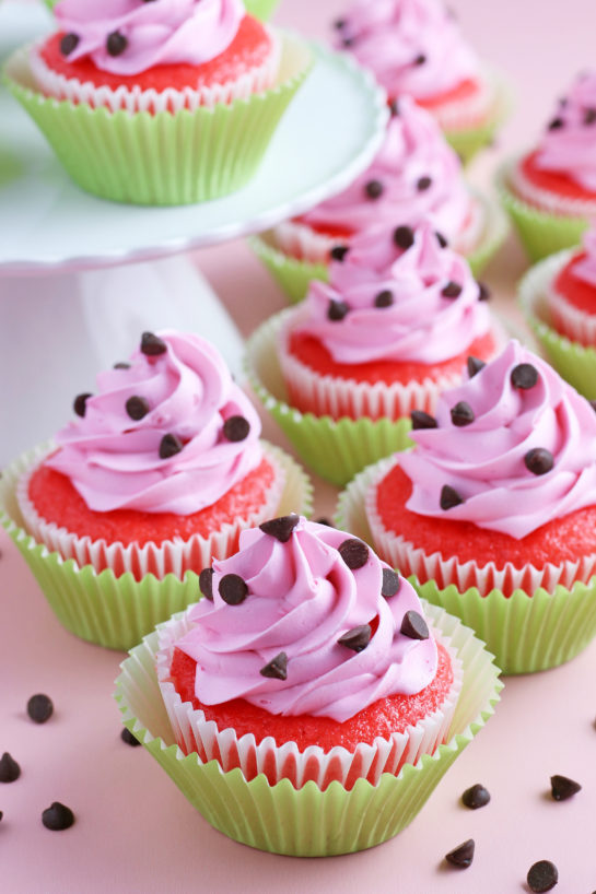 Close-up shot of the finished watermelon cupcakes recipe