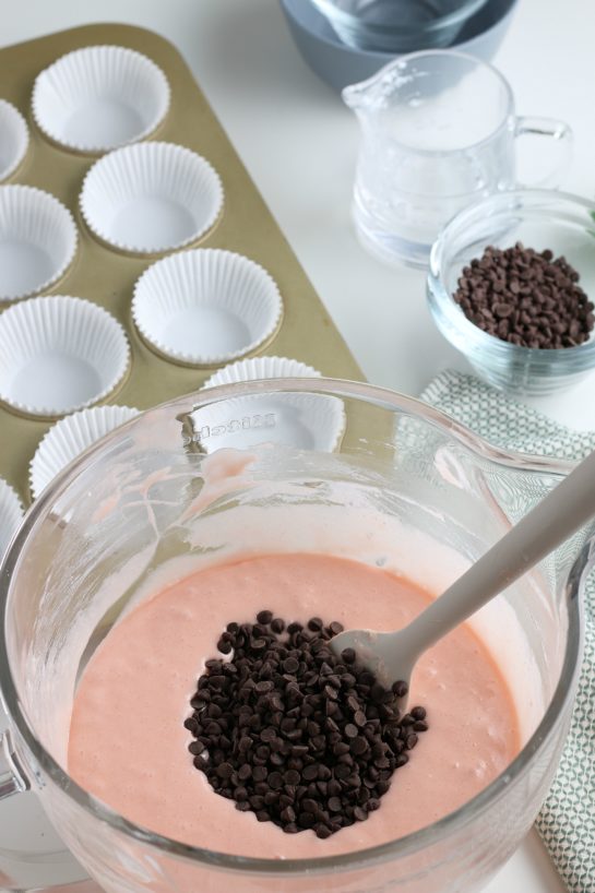 Adding the chocolate chips to the watermelon cupcakes batter