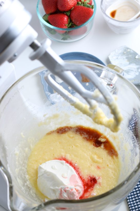 More ingredients go into the stand mixer as we finish off the recipe for strawberry and cream bread.