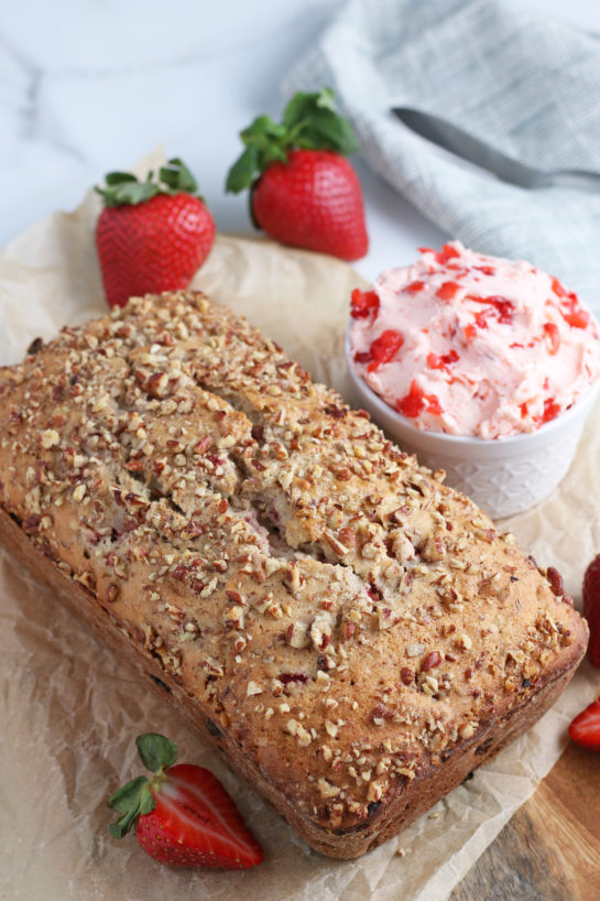 This image shows the finished strawberry and cream bread ready to be sliced and served with strawberry cream cheese.