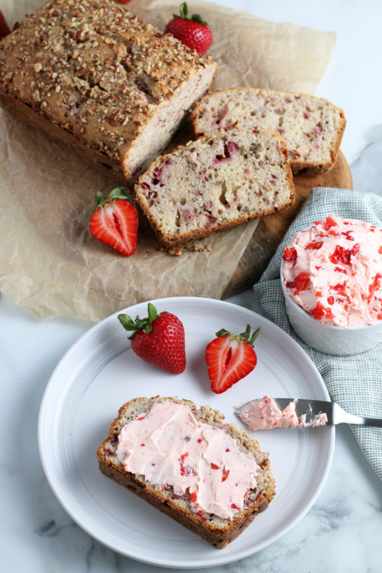 Here we see a slice of the strawberry and cream bread slathered with fresh strawberry cream cheese.