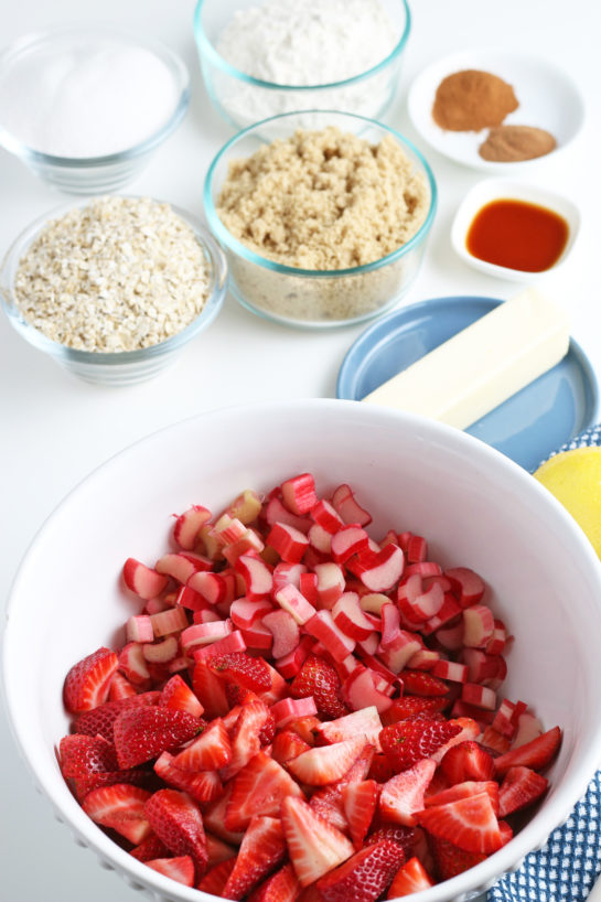 Rhubarb and strawberry chopped up for the Strawberry & Rhubarb crisp recipe