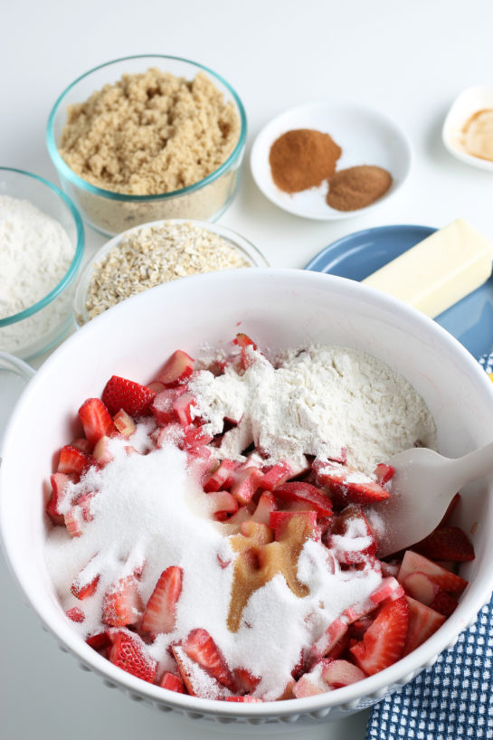 Dry ingredients added for the Strawberry & Rhubarb crisp recipe