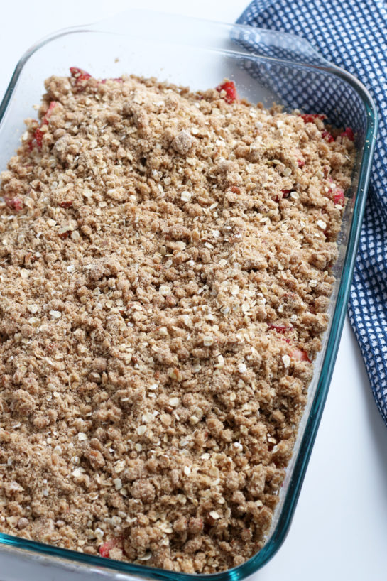 Strawberry & Rhubarb crisp recipe finished in the pan and out of the oven