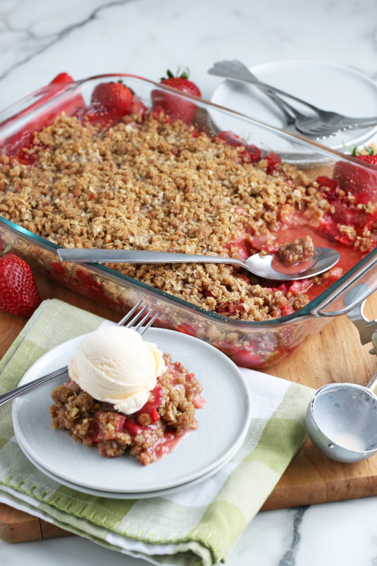 Strawberry & Rhubarb crisp recipe finished in the pan and out of the oven and plated