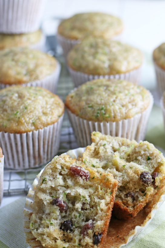 Close-up shot of the inside of the Zucchini Muffins recipe with raisins showing