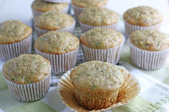 Horizontal shot of the finished Zucchini Muffins recipe 