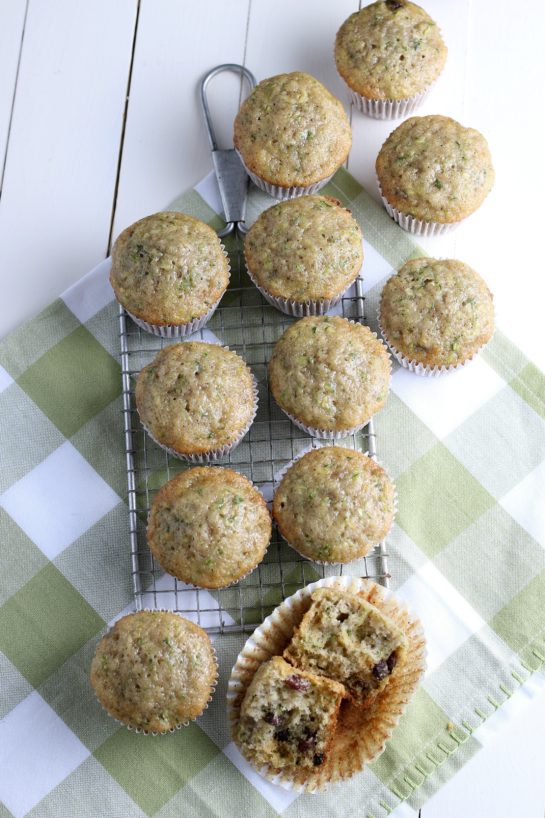 Overhead shot of the Zucchini Muffins recipe with a little spice from cinnamon, a lot of zucchini, and a dessert but can be passed off as breakfast! 