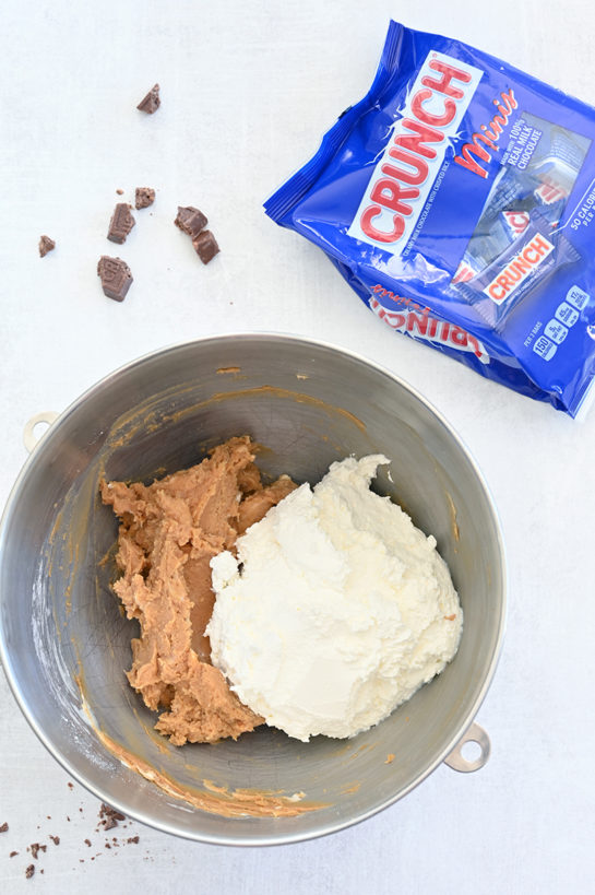 The peanut butter and whipped topping about to be blended for the Peanut Butter Crunch Bar Dip recipe