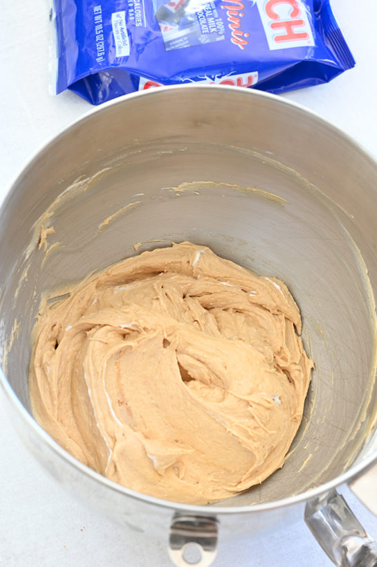 The peanut butter, whipped topping, and cream cheese all blended for the Peanut Butter Crunch Bar Dip recipe