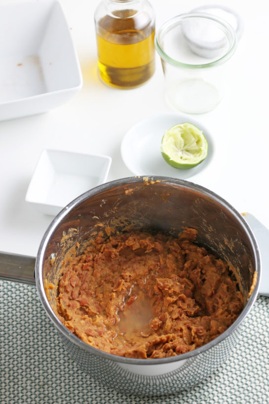 Overhead show of the smashed pinto beans for the homemade refried beans