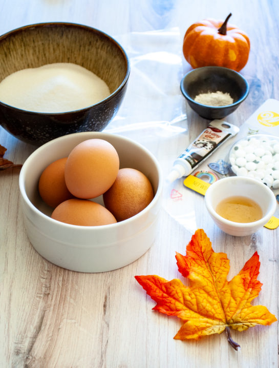 Ingredients out and prepared for the Halloween Boo Meringues recipe