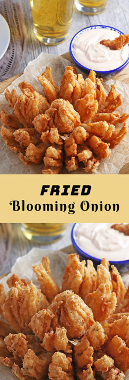 Fried Blooming Onion cooked until golden and served with a homemade dipping sauce for the ultimate appetizer recipe. Grab a sweet onion and turn it into an incredible, delicious snack for game day!