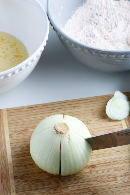 Slicing up the onion for the blooming onion recipe