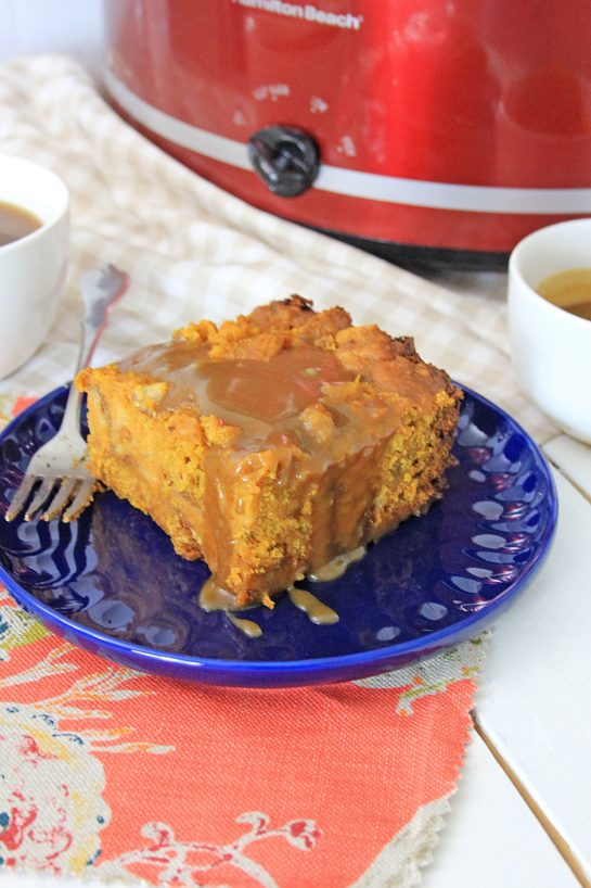 Crock Pot Pumpkin Bread Pudding recipe is so easy to make - just put it all in the Crock pot and let it cook. You can make this the night before, refrigerate, then drizzle it with warm caramel sauce before serving. Perfect for Thanksgiving or Christmas morning breakfast!