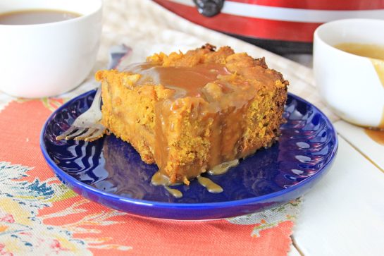 Crock Pot Pumpkin Bread Pudding recipe is so easy to make - just put it all in the Crock pot and let it cook. You can make this the night before, refrigerate, then drizzle it with warm caramel sauce before serving. Perfect for Thanksgiving or Christmas morning!