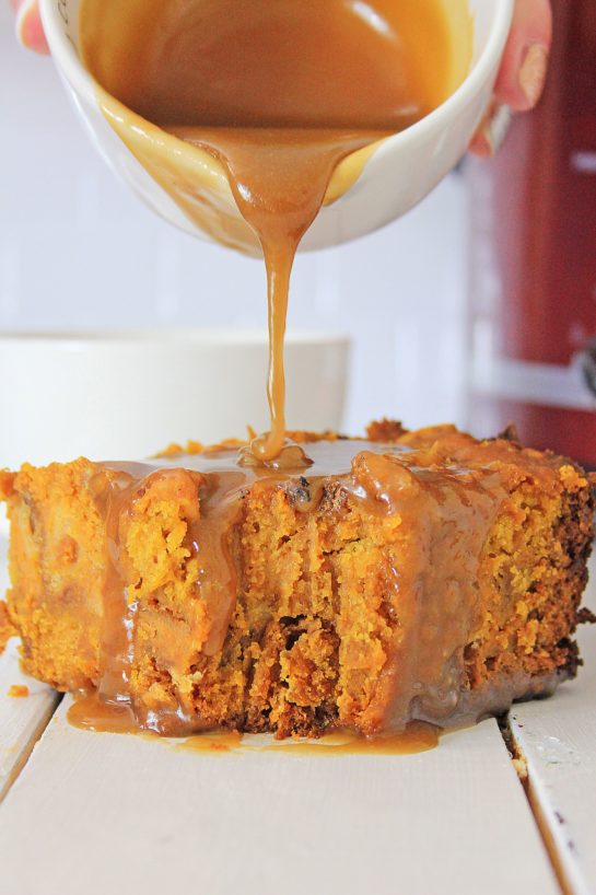 Pouring the caramel on the Crock Pot Pumpkin Bread Pudding recipe