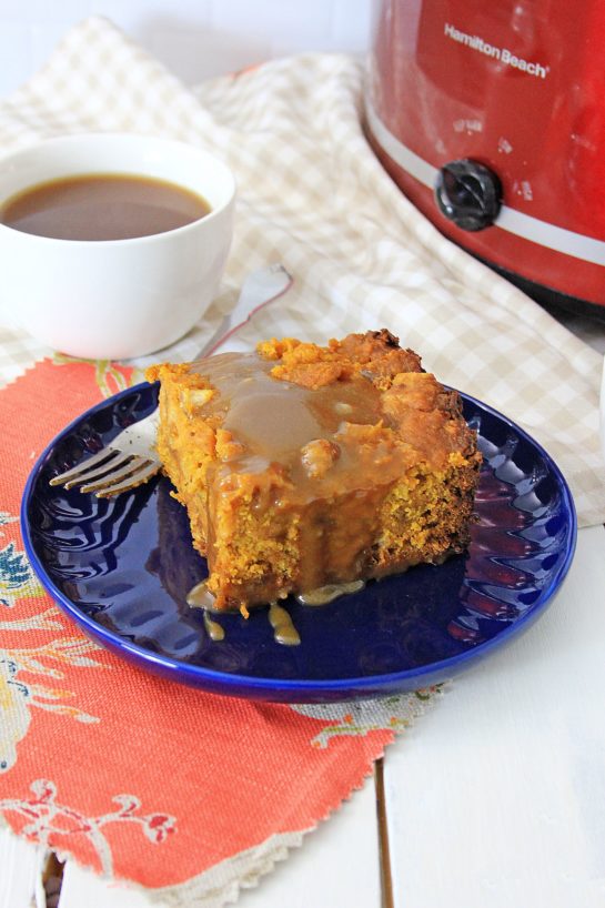 Crock Pot Pumpkin Bread Pudding recipe is so easy to make - just put it all in the Crock pot and let it cook. You can make this the night before, refrigerate, then drizzle it with warm caramel sauce before serving. Perfect for Thanksgiving dessert or Christmas morning breakfast!