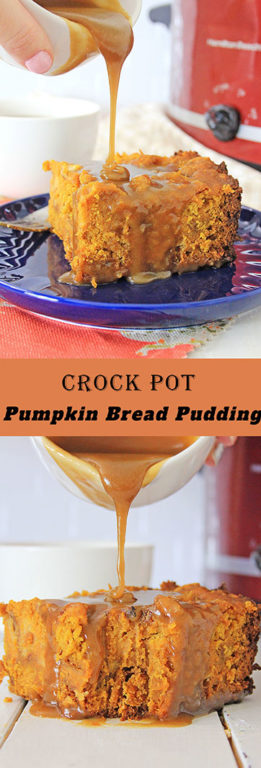 Crock Pot Pumpkin Bread Pudding recipe is so easy to make - just put it all in the Crock pot and let it cook for Thanksgiving or Christmas dessert or breakfast! You can make this the night before!