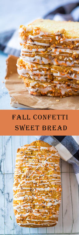 Fall Confetti Sweet Bread recipe is moist and flavorful. This breakfast or dessert bread is easy to make and doesn’t require a mixer: just a bowl, spatula and loaf pan. Nothing tastes more like fall!