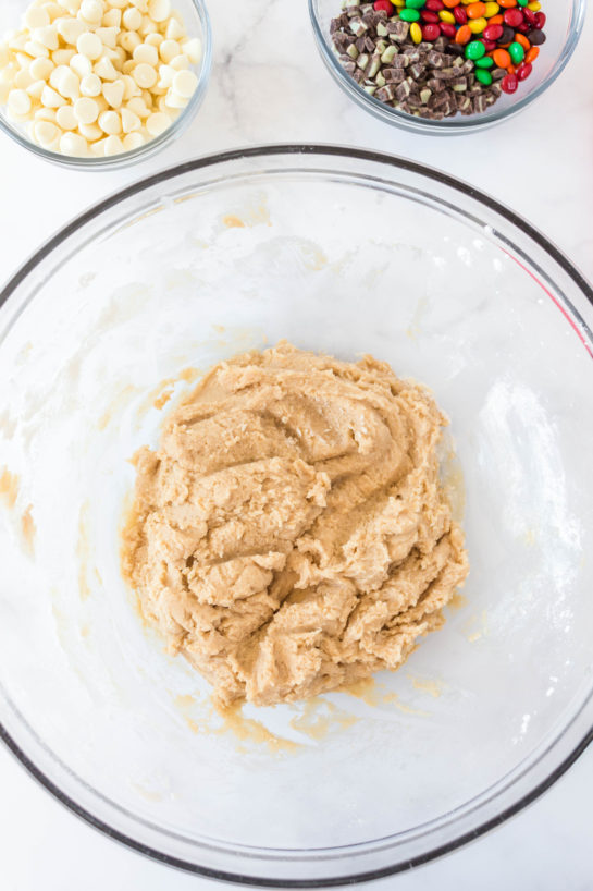 Mixing the ingredients needed for Edible Cookie Dough Bombs recipe