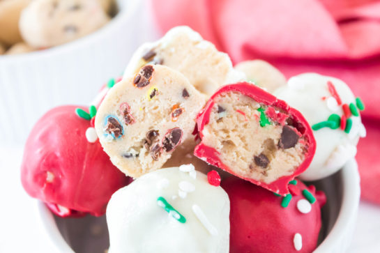 Christmas Edible Cookie Dough Balls recipe is so incredibly yummy, made with no eggs, and especially perfect for holiday dessert trays!