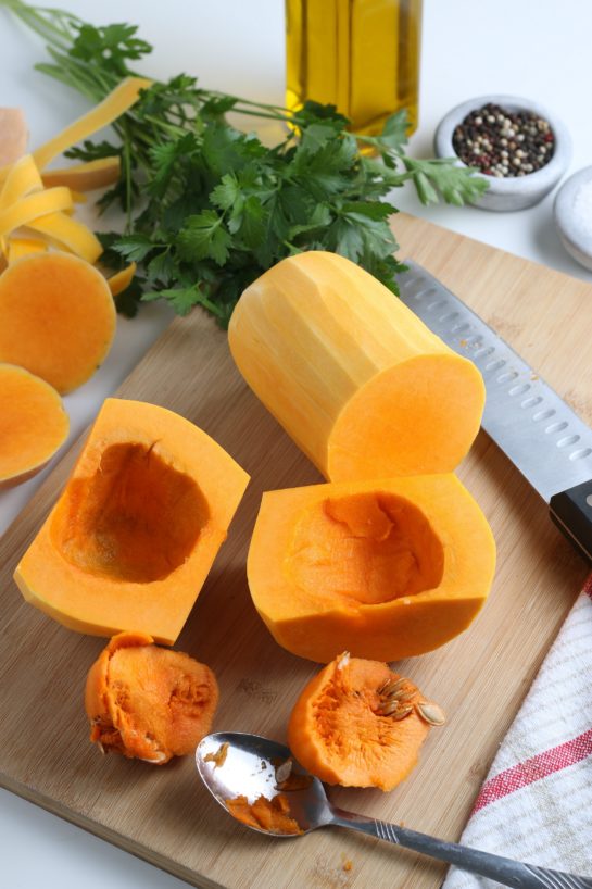 Peeling and slicing the butternut squash for the roasted butternut squash recipe