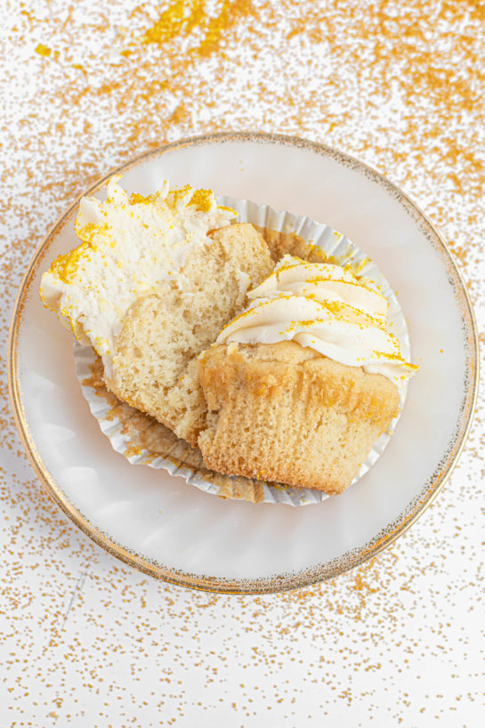 Close-up shot of the finished Champagne Cupcakes sliced open