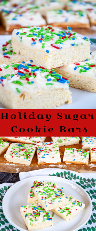 This Holiday Sugar Cookie Bars recipe is the easiest way to make sugar cookies! No rolling or chilling and they are topped off with a sweet, creamy frosting!