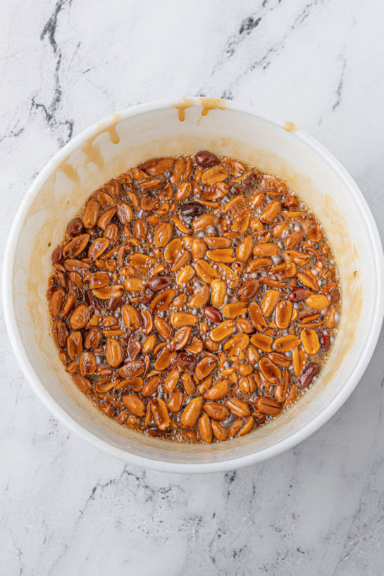 Melting together the ingredients needed to make the Microwave Peanut Brittle recipe