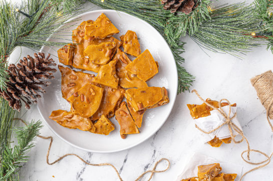 Overhead shot of the wrapped and plated Microwave Peanut Brittle recipe